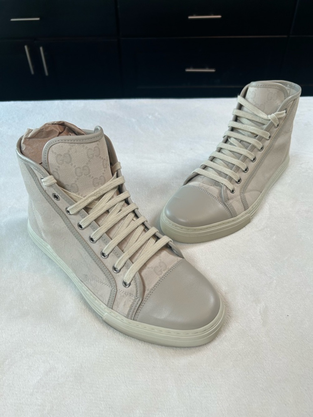 Gucci Men’s GG Canvas Leather High-Top Sneakers Embossed Sole Sz US 7.5 UK 7